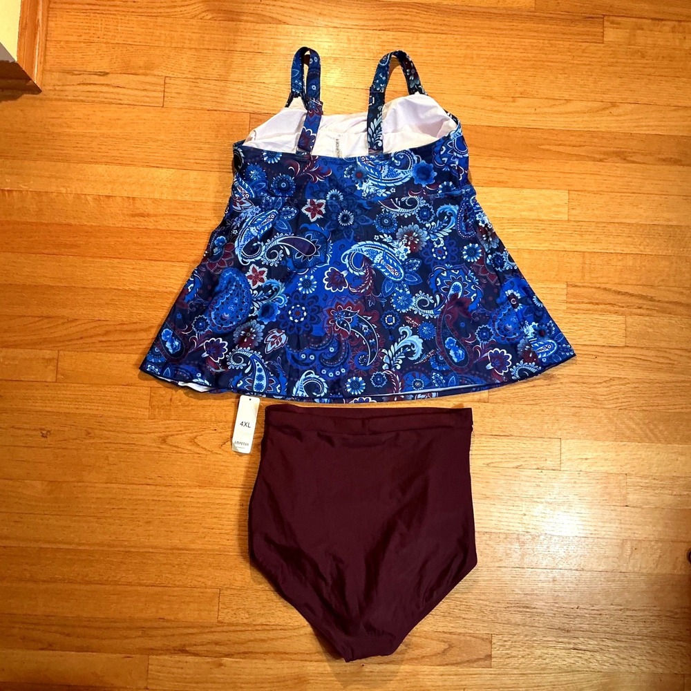 Empetua Tankini Swimsuit 16W Womens Blue Paisley Burgundy NEW High Waist 4xL - Picture 2 of 12